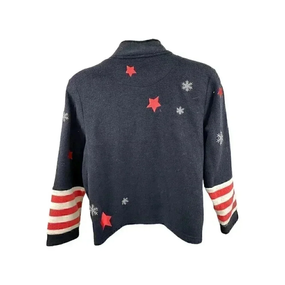 Christopher & Banks Navy Zip-Front Sweater with Red Stars & White Snowflakes
